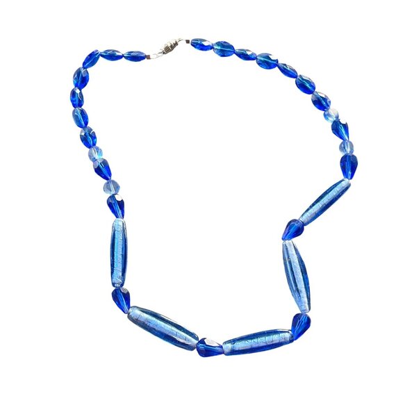 Vintage Blue Glass Beaded Necklace With Magnetic Clasp 1970s - Picture 2 of 8